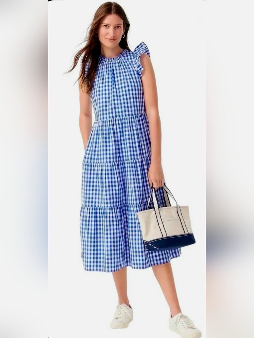 NWT J.Crew Tiered Ruffle-Sleeve Midi in Sapphire Gingham Cotton Dress S
